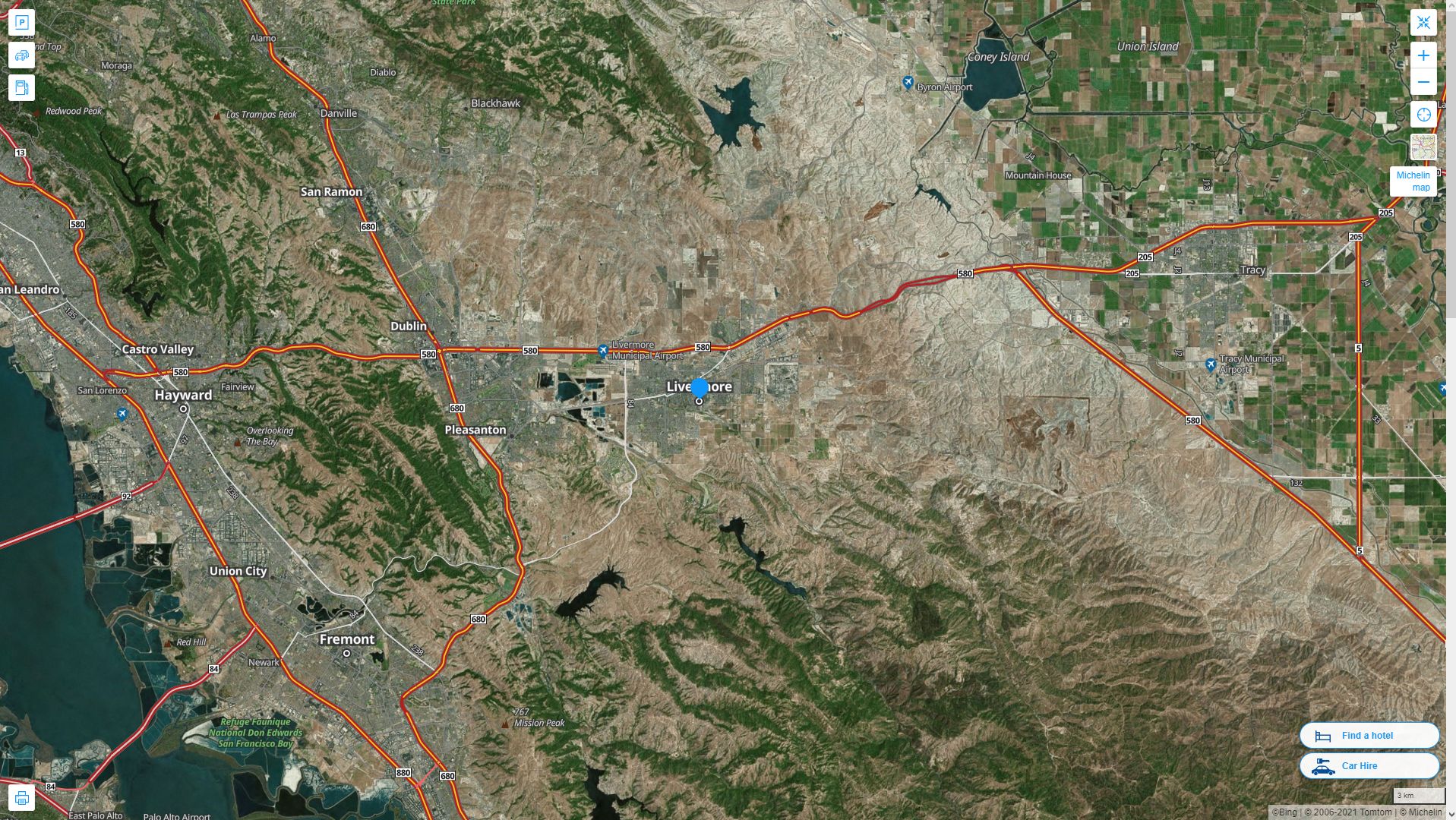 Livermore California Highway and Road Map with Satellite View